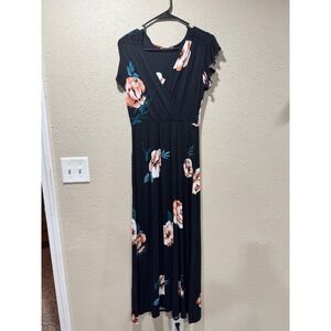 Loveappella Womens Black Floral V-Neck Maxi Dress Flutter Sleeve Empire Waist